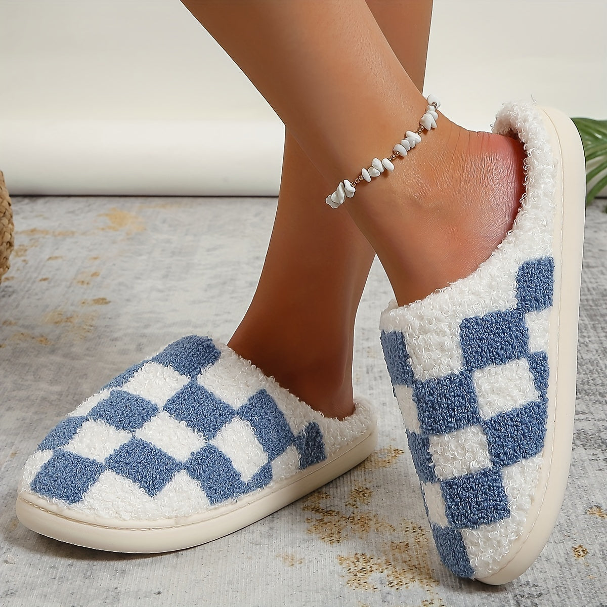 Pantoufles Damier bleu et blanc